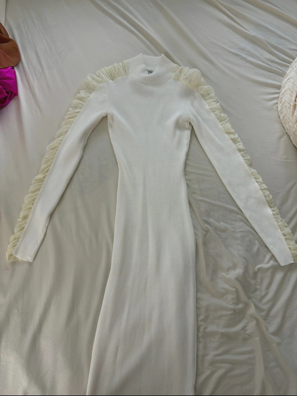 Fashion Nova White Ribbed Midi Dress with Sheer Ruffle Sleeves